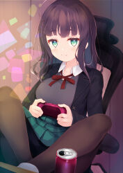 Rule 34 | black hair, black jacket, blunt bangs, blush, breasts, can, cardigan, chair, collared shirt, commentary request, controller, drink can, fang, game controller, gaming chair, green eyes, green skirt, grey cardigan, highres, holding, holding controller, holding game controller, indian style, indoors, jacket, jitome, komone ushio, layered clothes, light blush, looking at viewer, medium breasts, medium hair, open clothes, open jacket, original, pantyhose, pleated skirt, red ribbon, ribbon, school uniform, shirt, sidelocks, sitting, skin fang, skirt, soda can, swivel chair, uniform, wavy mouth, white shirt