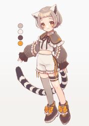 Rule 34 | 1girl, animal ears, black footwear, blush, bow, brown eyes, capelet, color guide, commentary, full body, grey background, grey capelet, grey shirt, grey shorts, grey thighhighs, highres, kamogawa akira, leaning back, lemur ears, lemur girl, lemur tail, looking at viewer, orange bow, original, shirt, shorts, single thighhigh, sleeves past wrists, smile, solo, tail, thigh strap, thighhighs