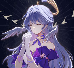 Rule 34 | 1girl, bare shoulders, black background, breasts, choker, cleavage, closed eyes, commentary, detached sleeves, dress, facial mark, gloves, hair intakes, hands up, head wings, highres, honkai: star rail, honkai (series), interlocked fingers, miller cc20, own hands together, purple choker, purple hair, robin (honkai: star rail), short sleeves, solo, strapless, strapless dress, upper body, white gloves, wings