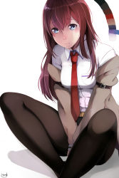 Rule 34 | 1girl, black pantyhose, brown hair, closed mouth, collared shirt, commentary request, dress shirt, gzsd, hair between eyes, highres, jacket, long hair, looking at viewer, makise kurisu, necktie, off shoulder, pantyhose, red necktie, shirt, simple background, solo, steins;gate, white background, white shirt