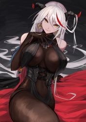 Rule 34 | 1girl, aegir (azur lane), azur lane, bare shoulders, bodystocking, breasts, cape, cleavage, corset, cross, crossed legs, curvy, detached sleeves, dress, earrings, elbow gloves, gloves, halterneck, hand on own face, hand up, highres, horns, iron cross, jewelry, large breasts, leaning back, long hair, looking at viewer, marshall k, navel, red cape, seductive smile, sitting, skindentation, smile, solo, very long hair, white hair, yellow eyes