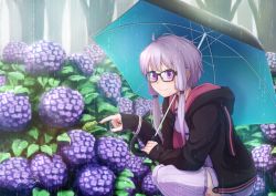 Rule 34 | 1girl, bracelet, commentary, flower, frog, glasses, highres, hood, hooded jacket, hoodie, hydrangea, jacket, jewelry, low twintails, nail polish, open clothes, open hoodie, purple eyes, purple hair, purple thighhighs, rain, short hair with long locks, solo, squatting, thighhighs, twintails, umbrella, usui ryuusan, voiceroid, yuzuki yukari