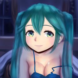 Rule 34 | 00s, 1girl, aqua eyes, aqua hair, artist name, bare shoulders, bed, bed sheet, bedroom, blue bra, blue panties, blush, bra, breasts, cleavage, closed mouth, curtains, hatsune miku, highres, indoors, koba (furikake-p), light blush, long hair, looking at viewer, lying, medium breasts, on stomach, panties, smile, solo, strap slip, tattoo, twintails, under covers, underwear, veins, veiny breasts, vocaloid, window