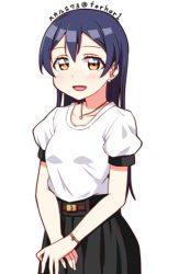 Rule 34 | 1girl, blue hair, blush, bracelet, commentary request, earrings, hair between eyes, jewelry, long hair, looking at viewer, love live!, love live! school idol festival, love live! school idol project, necklace, open mouth, simple background, skull573, smile, solo, sonoda umi, white background, yellow eyes