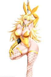 Rule 34 | 1girl, absurdres, arm up, armpits, blonde hair, breasts, cleavage, highres, kimmy77, large breasts, legs, leotard, long hair, looking at viewer, parted lips, playboy bunny, purple eyes, rabbit ears, rwby, smile, solo, thick thighs, thighs, yang xiao long