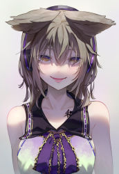 Rule 34 | 1girl, bare shoulders, breasts, brown hair, chest tattoo, earmuffs, eyes visible through hair, gold trim, grey background, hair over eyes, looking at viewer, medium breasts, parted lips, pointy hair, shaded face, simple background, smile, solo, syuri22, tattoo, touhou, toyosatomimi no miko, upper body, yellow eyes