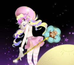 Rule 34 | 00s, 1girl, bare shoulders, flower, full moon, gloves, hat, highres, looking back, lordgenome, magical girl, midriff, miniskirt, moon, multicolored hair, nia teppelin, one eye closed, skirt, solo, staff, star (symbol), striped clothes, striped thighhighs, tengen toppa gurren lagann, thighhighs, tongue, tongue out, twintails, two-tone hair, wink, yukimitsuki, zettai ryouiki