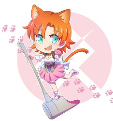 Rule 34 | 1girl, animal ears, aqua eyes, cat ears, cat tail, chibi, commentary request, iesupa, nora valkyrie, orange hair, paw pose, paw print, rwby, solo, tail, war hammer, warhammer, weapon