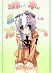Rule 34 | 00s, 1girl, :&lt;, annoyed, bent over, blazer, blush, bow, braid, clenched hand, clenched hands, collared shirt, full metal panic!, gradient background, grey eyes, hair between eyes, hair bow, hair over shoulder, jacket, leaning forward, long sleeves, looking at viewer, orange shirt, pencil skirt, school uniform, shirt, simple background, single braid, skirt, solo, tajima yoshikazu, teletha testarossa, uniform, white hair