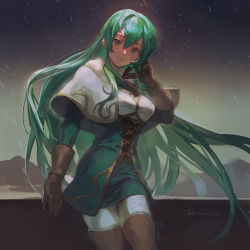 Rule 34 | 1girl, arm up, boots, dress, erinys (fire emblem), fire emblem, fire emblem: genealogy of the holy war, gloves, green eyes, green hair, highres, long hair, looking at viewer, nintendo, pants, picnicic, snow, snowing, thigh boots, thighhighs, very long hair
