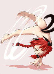 Rule 34 | 1girl, animal ears, ass, bad id, bad pixiv id, barefoot, bow, braid, breasts, capoeira, cartwheel, cat ears, cat girl, cat tail, colorized, extra ears, feet, female focus, full body, hair bow, handstand, highres, kaenbyou rin, multiple tails, nekomata, nipples, nude, ogihara mach, one eye closed, pussy, red eyes, red hair, simple background, small breasts, soles, solo, spinning, tail, takura mahiro, toes, touhou, twin braids, twintails, uncensored, upside-down, windmilling, wink