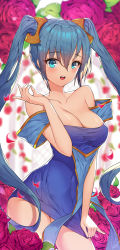 Rule 34 | 1girl, :d, bad id, bad pixiv id, bare shoulders, blue dress, blue eyes, blue hair, blurry, blush, breasts, cleavage, collarbone, dduck kong, depth of field, dress, dress tug, flower, hair between eyes, hand up, highres, large breasts, league of legends, long hair, off-shoulder dress, off shoulder, open mouth, petals, pink flower, pink rose, pinky out, rose, rose petals, short dress, sidelocks, signature, smile, solo, sona (league of legends), teeth, twintails, upper teeth only, very long hair