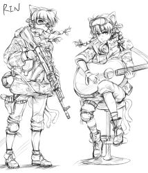 Rule 34 | 1girl, acoustic guitar, ak-74, alternate costume, animal ears, assault rifle, boots, braid, cat ears, cat girl, cat tail, female focus, goggles, goggles on head, greyscale, guitar, gun, instrument, jacket, kaenbyou rin, kalashnikov rifle, lleu, military, monochrome, multiple tails, rifle, short hair, sitting, sketch, solo, stool, tail, touhou, twin braids, weapon