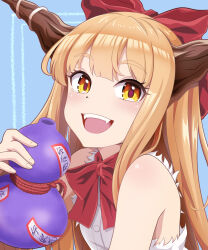 Rule 34 | 1girl, blonde hair, blue background, blunt bangs, blush, bow, bowtie, brown horns, buttons, commentary request, flat chest, gourd, hair bow, highres, holding, horns, ibuki suika, kisaragi koushi, long hair, looking at viewer, medium bangs, open mouth, red bow, red bowtie, shirt, sleeveless, sleeveless shirt, smile, solo, teeth, touhou, upper body, upper teeth only, white shirt, yellow eyes