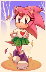 Rule 34 | :o, absurdres, amy rose, animal ears, autumn, bare tree, blue eyes, cuteytcat, falling leaves, furry, furry female, gloves, green skirt, hairband, hand on own hip, highres, leaf, light blush, looking at viewer, pink fur, pleated skirt, purple footwear, red hairband, shirt, shoes, short sleeves, skirt, solo, sonic (series), sonic the comic, sonic the hedgehog (classic), tail, tree, white shirt
