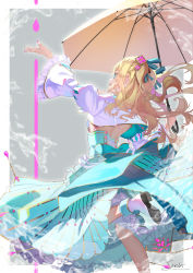 Rule 34 | 1girl, :d, backless dress, backless outfit, blonde hair, blue dress, blue eyes, blue ribbon, boots, commentary request, cropped jacket, dress, feet out of frame, frilled sleeves, frills, hair ornament, hair ribbon, highres, holding, holding umbrella, jacket, juliet sleeves, long hair, long sleeves, looking away, nail polish, open mouth, original, profile, puffy sleeves, purple nails, ribbon, saraki, shoe soles, signature, smile, solo, standing, standing on one leg, two side up, umbrella, white footwear, white jacket, wide sleeves, yellow umbrella