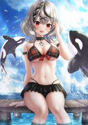 Rule 34 | 1girl, absurdres, alternate costume, arm strap, bikini, bikini skirt, bird, black collar, black hair, blush, braid, breasts, cleavage, collar, commentary request, day, ear piercing, earrings, front-tie bikini top, front-tie top, grey hair, hair ornament, hand up, heart pendant, highres, hololive, jewelry, jumping, large breasts, multicolored hair, multiple earrings, navel, ocean, open mouth, orca, outdoors, piercing, plaid, plaid bikini, rainbow, red eyes, revision, sakamata chloe, sitting, smile, soaking feet, solo, sparkle, splashing, stomach, streaked hair, sunlight, swimsuit, teeth, thighs, upper teeth only, virtual youtuber, wajuniorbox, water, water drop, wet, x hair ornament