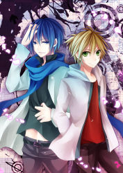 Rule 34 | blonde hair, blue hair, green eyes, hand in pocket, hand on head, jacket, kagamine len, kaito (vocaloid), midriff, multiple boys, open mouth, ponytail, scarf, short hair, smile, vocaloid