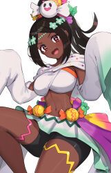 Rule 34 | + +, 1girl, absurdres, bare shoulders, black hair, black shorts, breasts, commentary request, crop top, dark skin, fire emblem, fire emblem engage, fire emblem heroes, gonzarez, gradient skirt, halloween, halloween costume, head tilt, highres, large breasts, long hair, long sleeves, midriff, navel, nintendo, official alternate costume, open mouth, pink eyes, ponytail, short shorts, shorts, sidelocks, simple background, skirt, sleeves past fingers, sleeves past wrists, solo, stomach, thighs, timerra (fire emblem), timerra (halloween) (fire emblem), white background, white skirt