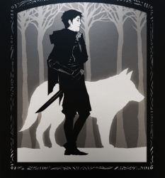 Rule 34 | 1boy, a song of ice and fire, animification, bad deviantart id, bad id, bare tree, black hair, ghost (a song of ice and fire), hamletmachine, hood, jon snow, knife, tree, wolf