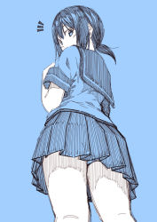 Rule 34 | 10s, 1girl, ^^^, blue background, blue theme, commentary request, fubuki (kancolle), kantai collection, kouji (campus life), looking back, low ponytail, monochrome, panties, pleated skirt, ponytail, school uniform, serafuku, short hair, short ponytail, short sleeves, simple background, sketch, skirt, solo, underwear