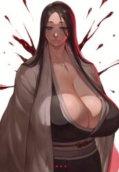 Rule 34 | 1girl, absurdres, alternate breast size, black eyes, black hair, bleach, bleach: sennen kessen-hen, blood, blood splatter, breasts, cleavage, closed mouth, half-closed eyes, highres, huge breasts, ibuo (ibukht1015), japanese clothes, light frown, long hair, solo, unohana retsu, white background