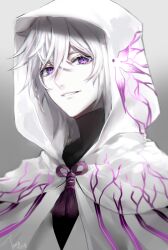 Rule 34 | 1boy, fate/grand order, fate (series), flower, flower knot, grey background, hair between eyes, hood, hooded robe, long hair, looking at viewer, male focus, merlin (fate), purple eyes, ribbon, robe, signature, smile, solo, tanxiacross11, upper body, white hair, white robe