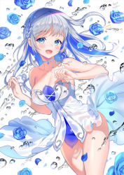 Rule 34 | 1girl, banned artist, bare shoulders, blue eyes, blue flower, blue hair, blue rose, blush, braid, breasts, choker, cleavage, clothes lift, collarbone, cowboy shot, cross-laced clothes, cross-laced top, dress, flower, highres, long hair, looking at viewer, medium breasts, midori foo, open mouth, original, pendant choker, rose, short dress, showgirl skirt, simple background, skirt, skirt lift, smile, strap slip, thighs, water, white dress