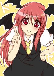 Rule 34 | &gt;:), 1girl, absurdres, bat wings, blush, eyelashes, hand on own hip, head wings, highres, index finger raised, koakuma, leaning forward, long hair, looking at viewer, mizutora2050, necktie, outline, puffy short sleeves, puffy sleeves, red eyes, red hair, short sleeves, simple background, skirt, skirt set, smile, solo, touhou, v-shaped eyebrows, vest, wings, yellow background, yellow necktie