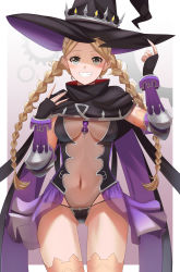 Rule 34 | 1girl, absurdres, alternate costume, black gloves, black panties, blonde hair, blue eyes, bodystocking, braid, breasts, capelet, center opening, commission, commissioner upload, cosplay, covered navel, daweykun, fingerless gloves, fire emblem, fire emblem fates, gears, gloves, gluteal fold, hat, highleg, highleg leotard, highres, hilda (stella glow), hilda (stella glow) (cosplay), leotard, long hair, looking at viewer, medium breasts, nina (fire emblem), nintendo, non-web source, panties, pantyhose, parted bangs, revealing clothes, simple background, smile, solo, stella glow, thighhighs, twin braids, underwear, upper body, witch hat