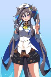 Rule 34 | alternate costume, animal ears, belt, black hair, blue background, blue eyes, blush, breasts, cheval grand (umamusume), cheval grand (umamusume) (cosplay), commentary request, cosplay, double v, gloves, hair between eyes, hair ornament, hat, highres, horse ears, ishitsuma canon, long hair, looking at viewer, medium breasts, navel, shorts, simple background, twintails, umamusume, uniform, v, vivlos (umamusume)