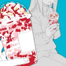 Rule 34 | 1girl, blue background, bocchi the rock!, gotoh hitori, holding, ice cream cup, jacket, long hair, nekoume, open mouth, pov, pov hands, sitting, solo focus, spot color, track jacket, track suit