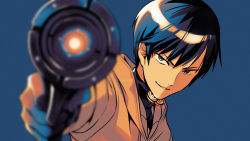Rule 34 | 1boy, aiming, aiming at viewer, asada hachi, banned artist, black shirt, blue background, blue eyes, blue hair, blurry, blurry foreground, commentary, depth of field, gantz, gun, handgun, highres, holding, holding gun, holding weapon, hood, hood down, hoodie, long sleeves, looking at viewer, male focus, nishi jouichirou, orange hoodie, outstretched arm, parted lips, shirt, short hair, simple background, smirk, solo, twitter username, watermark, weapon