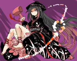 Rule 34 | 1girl, alternate color, alternate hair length, alternate hairstyle, ankle lace-up, arrow (symbol), barefoot, black hair, bowl, bowl hat, breasts, cross-laced footwear, dark persona, hat, japanese clothes, long hair, mallet, medium breasts, aged up, red eyes, shigureru, solo, sukuna shinmyoumaru, touhou