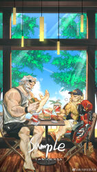 Rule 34 | 2boys, absurdres, alternate costume, arm hair, bara, beard, black shorts, blonde hair, burger, coca-cola, dwarf, facial hair, fast food, food, forked eyebrows, grey tank top, hairy, highres, large pectorals, leg hair, long beard, male focus, mature male, mixiaomoyuwangdamo (wang da mo), multiple boys, muscular, muscular male, old, old man, overwatch, overwatch 1, pectorals, prosthesis, prosthetic arm, reinhardt (overwatch), sample watermark, sandals, short hair, shorts, size difference, tank top, thick eyebrows, torbjorn (overwatch), veins, veiny arms, watermark, white shorts