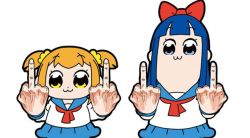 Rule 34 | 2girls, :3, bkub, blue hair, bow, double middle finger, eyebrows, fingernails, hair bow, looking at viewer, middle finger, multiple girls, pipimi, poptepipic, popuko, sidelocks