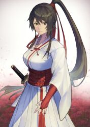 Rule 34 | 1girl, absurdres, black hair, bridal gauntlets, hair ribbon, high ponytail, highres, jigokuraku, katana, long hair, looking at viewer, mugicha (pixiv 32045867), obi, red ribbon, ribbon, ribbon-trimmed bow, robe, sash, solo, sword, weapon, white robe, yamada asaemon sagiri