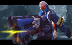 Rule 34 | 1boy, absurdres, armor, armored dress, assault rifle, battle rifle, black pants, blue jacket, bodysuit, character name, covered mouth, cowboy shot, energy gun, explosive, foreshortening, gloves, grandia lee, grenade, gun, hair ornament, hairband, highres, holding, holding gun, holding weapon, holster, indoors, jacket, jacket on shoulders, letterboxed, long sleeves, male focus, mask, mecha, mouth mask, open clothes, open jacket, overwatch, overwatch 1, pants, rabbit hair ornament, real life, red gloves, ribbed bodysuit, rifle, robot, scar, scar across eye, scar on face, short hair, soldier: 76 (overwatch), solo, standing, thigh holster, turtleneck, visor, weapon, white hair, zipper