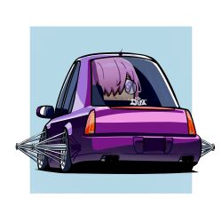 Rule 34 | 1girl, absurdres, blue background, border, cadillac, cadillac cts, car, commentary, driving, duz, english commentary, fate (series), from behind, glasses, highres, looking at viewer, looking back, lowrider, mash kyrielight, motor vehicle, one eye covered, outside border, purple eyes, purple hair, smile, solo, vehicle focus, white border