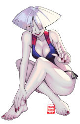 Rule 34 | 1girl, a.k.i. (street fighter), absurdres, artist logo, artist name, barefoot, blue one-piece swimsuit, breasts, calvin sims, clothing cutout, collarbone, commentary, crossed legs, english commentary, feet, full body, hand on own foot, hand up, highres, knees up, large breasts, legs, looking at viewer, mole, mole under mouth, multicolored clothes, multicolored swimsuit, nail polish, necktie, one-piece swimsuit, one eye covered, parted bangs, red lips, red necktie, red one-piece swimsuit, side-tie swimsuit, side cutout, simple background, sitting, smile, solo, street fighter, street fighter 6, swimsuit, thighs, toenail polish, toenails, toes, two-tone swimsuit, white background