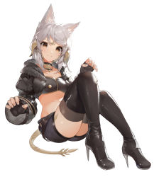 Rule 34 | 1girl, akizone, animal ears, au ra, warrior of light (ff14), black footwear, black gloves, black jacket, black shorts, black thighhighs, boots, breasts, brown eyes, cheeze (akizone), cleavage, closed mouth, commentary, fictional persona, final fantasy, final fantasy xiv, fingerless gloves, full body, gloves, high heel boots, high heels, highres, jacket, long sleeves, looking at viewer, medium breasts, midriff, original, short hair, shorts, silver hair, simple background, smile, solo, tail, thigh boots, thighhighs, white background