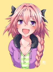 Rule 34 | 1girl, astolfo (fate), astolfo (memories at trifas) (fate), braid, collarbone, contemporary, fang, fate/apocrypha, fate (series), hair ribbon, heart, heart-shaped pupils, highres, male focus, official alternate costume, open mouth, pink hair, purple eyes, rasa, rasa (kanrokuan), ribbon, shirt, signature, single braid, skin fang, smile, solo, striped clothes, striped shirt, symbol-shaped pupils, upper body