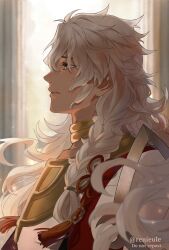 Rule 34 | 1boy, armor, artist name, blurry, blurry background, braid, dark-skinned male, dark skin, fate/grand order, fate (series), flower knot, from side, hair over shoulder, highres, jewelry, light particles, long hair, looking ahead, male focus, neck ring, parted lips, pillar, profile, renieule, shoulder armor, side braid, single braid, solo, solomon (fate), tassel, twitter username, upper body, white hair, yellow eyes