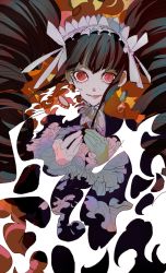 Rule 34 | 10s, 1girl, bad id, bad pixiv id, black hair, bonnet, celestia ludenberg, claw ring, crying, crying with eyes open, danganronpa: trigger happy havoc, danganronpa (series), drill hair, eyelashes, fire, frills, gothic lolita, jewelry, lolita fashion, long hair, nail polish, poker chip, red eyes, ring, smile, solo, spoilers, tears, twin drills, twintails, wind, yuzumisuzu