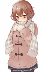 Rule 34 | 10s, 1girl, bad id, bad pixiv id, black pantyhose, blush, brown eyes, brown hair, coat, hair ornament, hairclip, ikazuchi (kancolle), kantai collection, looking at viewer, mittens, nekoume, pantyhose, personification, scarf, short hair, simple background, sketch, skirt, solo, white background