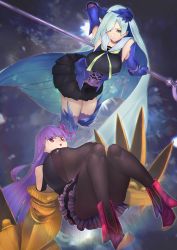 Rule 34 | 2girls, absurdres, armor, breasts, brynhildr (fate), claws, fate/extra, fate/extra ccc, fate/grand order, fate/prototype, fate/prototype: fragments of blue and silver, fate (series), gauntlets, gigantic breasts, hair over one eye, hair ribbon, headpiece, highres, large breasts, long hair, multiple girls, nanao (aoyamahikari), pantyhose, passionlip (fate), pink eyes, pink ribbon, polearm, purple eyes, purple hair, purple ribbon, ribbon, spear, spiked hair, thighhighs, very long hair, weapon