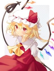 Rule 34 | 1girl, arms behind back, blonde hair, commentary, crystal, flandre scarlet, grey background, hat, hi o kawa, holding, laevatein, long hair, mob cap, pointy ears, polka dot, polka dot background, red eyes, red skirt, red vest, shirt, short sleeves, side ponytail, skirt, solo, touhou, upper body, vest, white hat, white shirt, wings, yellow neckwear