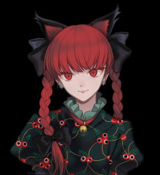 Rule 34 | 1girl, animal ear fluff, animal ears, bell, black bow, blunt bangs, bow, braid, cat ears, closed mouth, commentary, dress, ear piercing, extra ears, floral print, green dress, hair bow, highres, jingle bell, kaenbyou rin, lips, long hair, looking at viewer, neck bell, piercing, red eyes, red hair, slit pupils, solo, toshio, touhou, twin braids, upper body