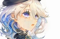 Rule 34 | 1girl, absurdres, black headwear, blue eyes, blue hair, colored inner hair, commentary, crying, crying with eyes open, furina (genshin impact), genshin impact, highres, multicolored hair, open mouth, popo (mochimai275642), portrait, solo, tears, white hair