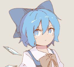 Rule 34 | 1girl, blue bow, blue eyes, blue hair, bow, bowtie, bright pupils, brown bow, brown bowtie, chinese commentary, cirno, closed mouth, commentary request, cui kongqi (ckongqi), expressionless, grey background, hair between eyes, hair bow, hatching (texture), highres, ice, ice wings, linear hatching, looking at viewer, portrait, shirt, short hair, simple background, solo, touhou, white pupils, white shirt, wings
